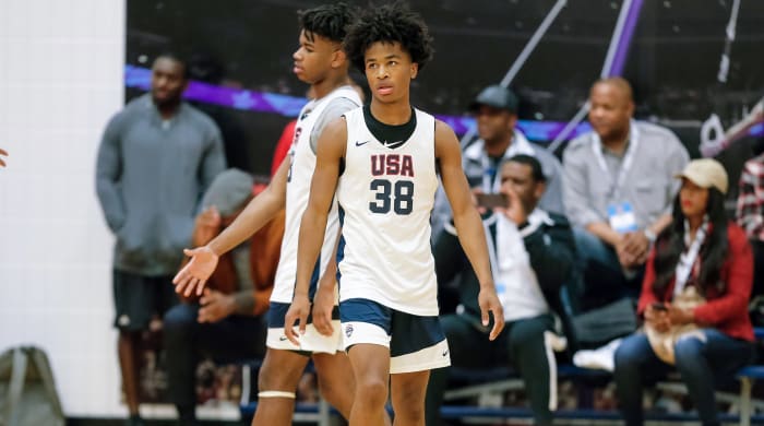 Oct 6, 2018; Colorado Springs, CO, USA; USA Men's Junior National Team participant Sharife Cooper (38) during minicamp at the U.S. Olympic Training Center.
